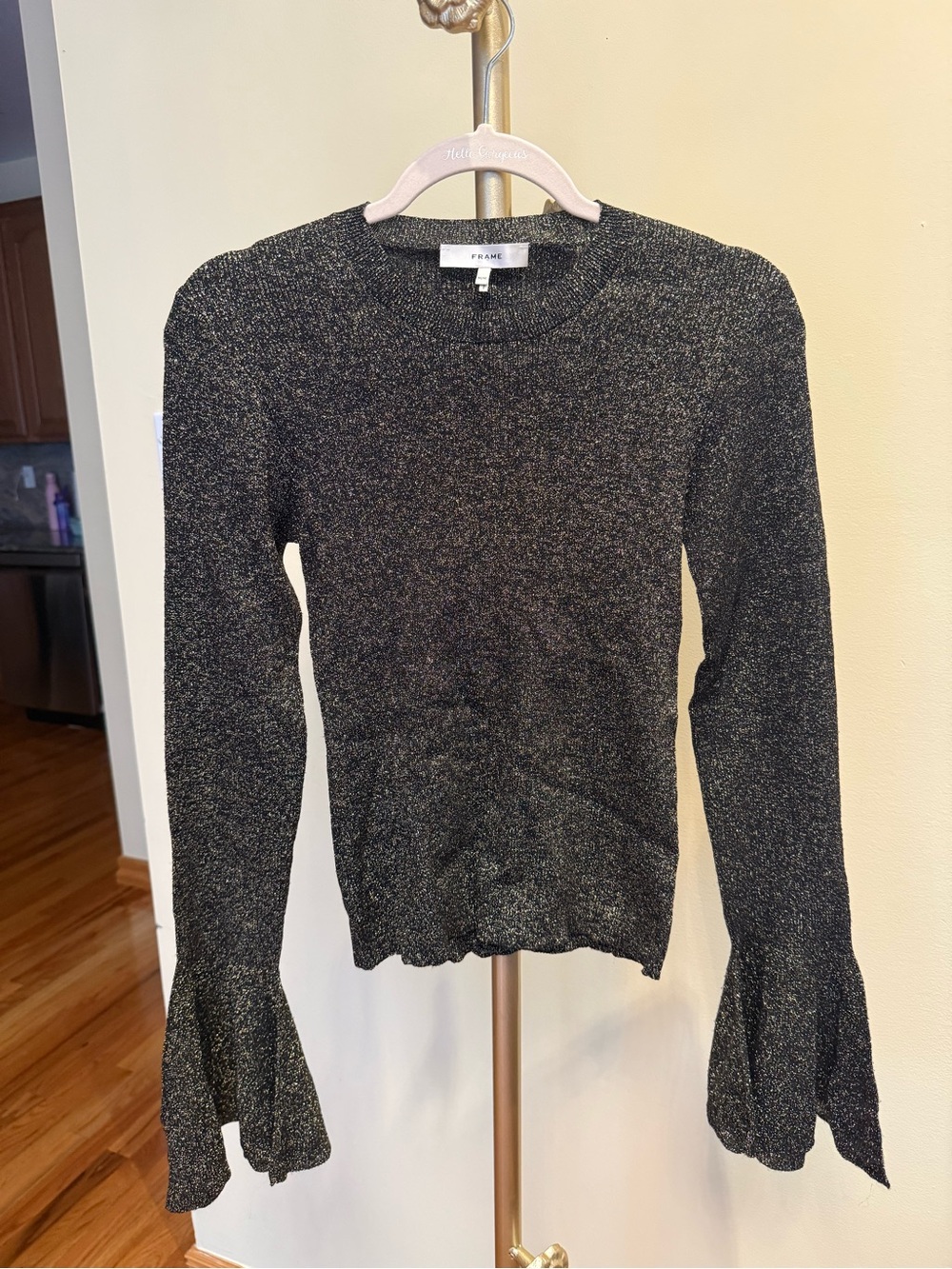 Frame Denim Black Metallic Knit Long-Sleeve Sweater with Fluted Cuffs